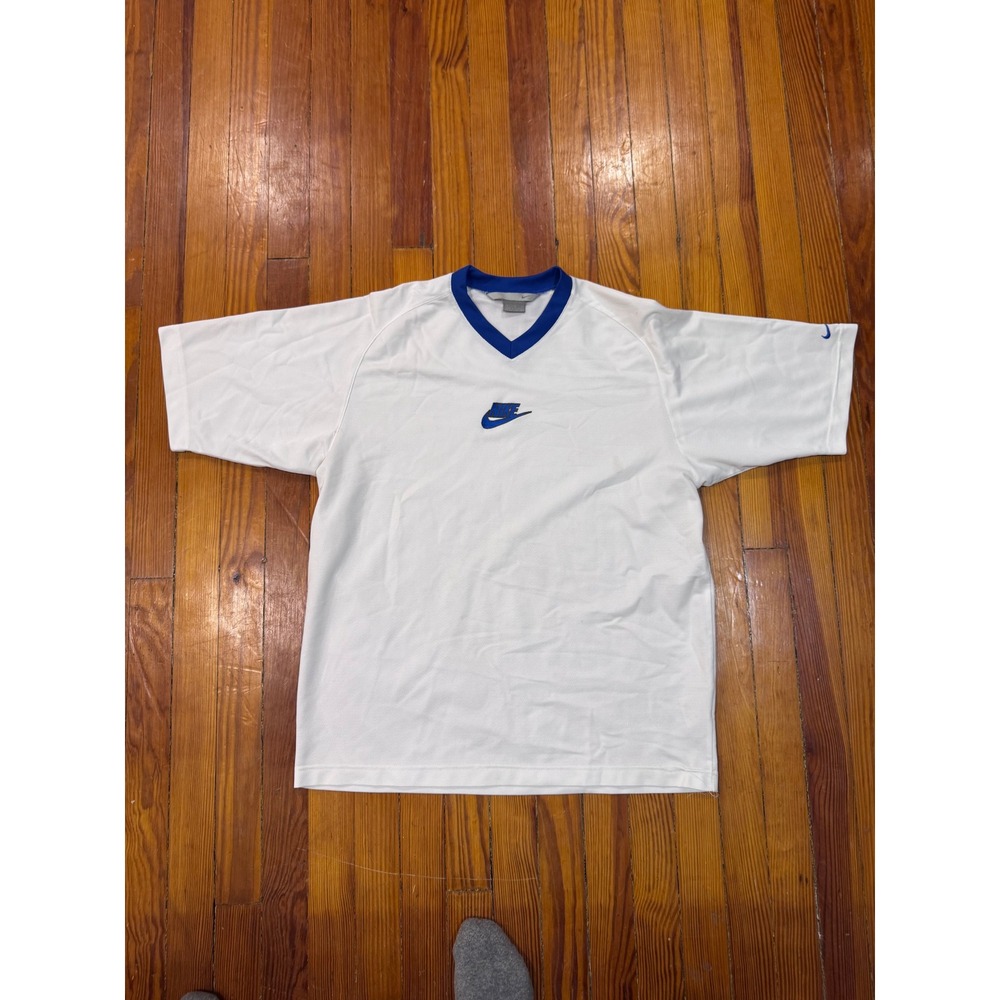 Nike Vintage V-Neck Short Sleeve Jersey White Blue Center Swoosh Mens Large